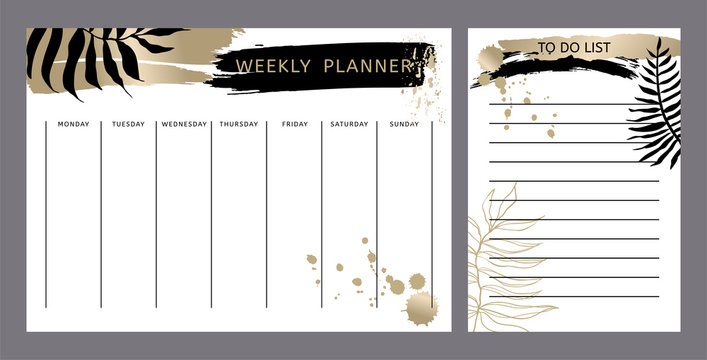 Weekly planner and To Do List with gold and black brush strokes and tropical leaves