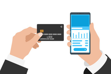 Businessman hand holding smartphone with online banking mobile app and black credit card. Buy payment process and bank account balance flat vector illustration