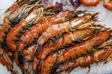 Appetizing large shrimp on a store counter. Close-up.