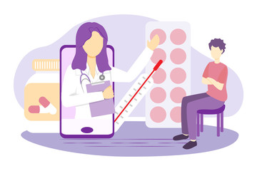 Online doctor vector illustration. Flat tiny medical help persons concept. Distance internet emergency support. Professional diagnosis and treatment service. Patient illness communication technology.