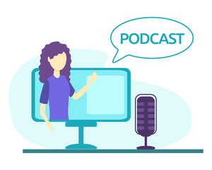 Fototapeta na wymiar Podcast vector illustration. Flat e-radio talk show, discussion and interview persons concept. Virtual media communication with microphone. Influencer marketing entertainment performance business