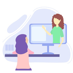 Online courses vector illustration. Flat person learn virtual concept. Modern knowledge development using internet training, teaching. Webinar and distance lesson service. Web presentation video.