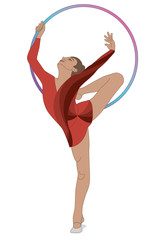 Obraz premium gymnast female in hand stand position holding a hoop above head isolated on a white background