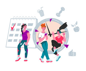 Fototapeta na wymiar Healthy lifestyle and fitness workout planning banner with women characters. Diet menu and weight control application interface or onboarding page design. Flat vector illustration.