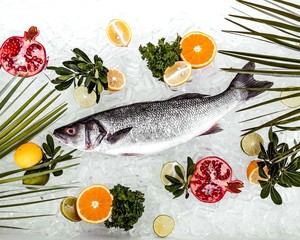 raw fish placed on ice surrounded with citrus fruits and pomegranate