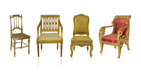 Set of golden armchairs isolated on white background