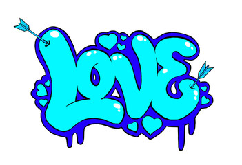 bright love inscription in graffiti style, lettering drawing, hand-drawn isolated on white background, acid colors, paint drips, underground style, Declaration of love, Valentine's day.