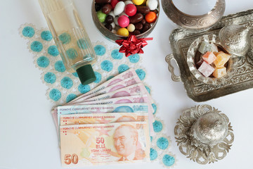 Turkish thousand lira on handmade lace cloth with cologne,colorful candies and Turkish coffee set.Retirement Holiday Bonus concept in Turkey.