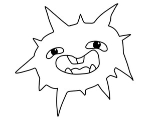 black and white illustration coloring in the form of a cartoon round with spikes smiling virus isolated on a white background, monster Halloween for postcards, prints, decor, design,  style of Doodle