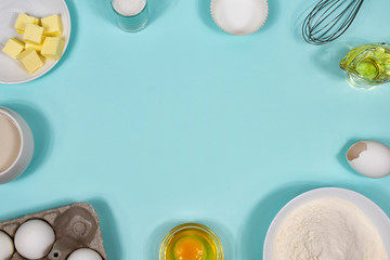 Background with baking ingredients. Flat lay. View from above.