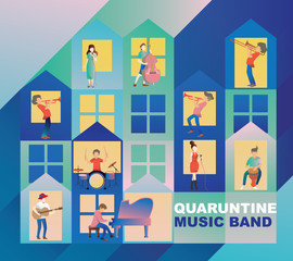 Obraz na płótnie Canvas Social Distancing and Stay home concept. Musicians playing a musical instrument. Singing, People at home in quarantine and enjoy it. Fun home staying. Corona-virus self-isolation.Vector illustration