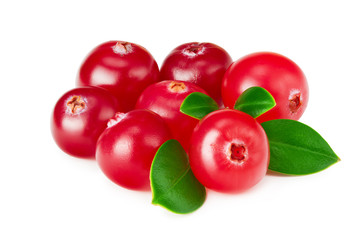 Cranberry with green leaves isolated on white background