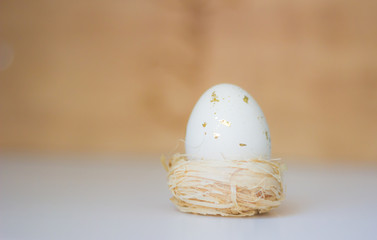 White egg in the nest on a light blurry background. Easter holiday.