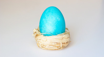 Blue egg in a nest on a white background. Easter holiday.