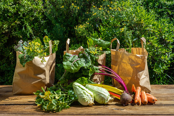 Des légumes d'hiver prêts à être répartis et vendus dans des emballages en papier
