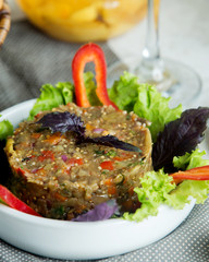 smoked aubergine salad with tomato bell pepper onion and herbs
