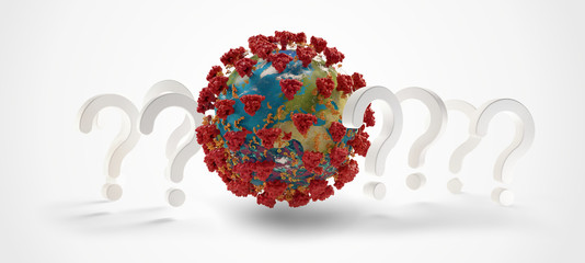 question marks and virus cell. infected world. planet earth globe. pandemic virus. 3d-illustration. elements of this image furnished by NASA