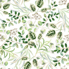 Fototapeta na wymiar Forest green leaves, white background. Summer greenery. Vector seamless pattern. Floral design. Nature illustration. Botanical plants print