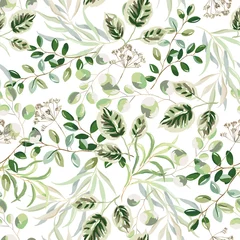 Tapeten Weiß Waldgrüne Blätter, weißer Hintergrund. Sommerliches Grün. Vektornahtloses Muster. Blumendesign. Abbildung der Natur. Botanische Pflanzen drucken