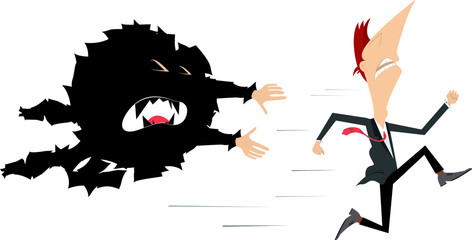 Angry virus tries to catch a running away man illustration. Frightened man runs away from the aggressive virus isolated on white
