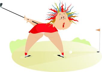 Funny golfer woman on the golf course illustration. Cartoon big bottom golfer woman tries to do a good kick isolated on white
