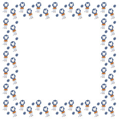 Cute isolated square frame of lion cubs in orange sweaters, white trousers with blue polka dots and hand drawn blots flowers in Scandinavian style on a white background. Place for text. Vector