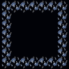 A square frame of hand-drawn baby tigers, lions, leopards, bobcats with balloons, panthers, cats and blue flowers on a black background. Scandinavian style. A fun template with space for text. Vector.