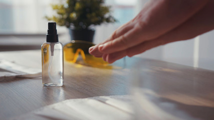 At home man push dispenser and liquid antiseptic out to hand wash your hands stay at home Coronavirus COVID19 pandemic sanitize infection gel epidemic quarantine protective slow motion