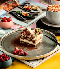 tiramisu piece garnished with raspberry and mint leaves