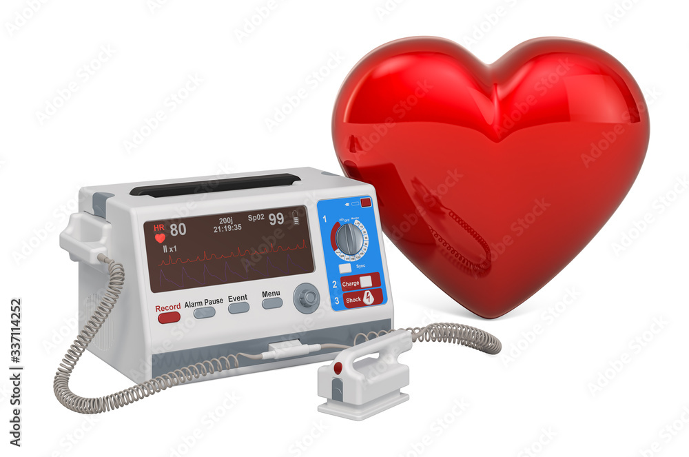 Poster defibrillator with red heart, 3d rendering