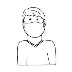 Man in medical mask in outline. Vector illustration in cartoon doodle style. Individual protection complex tool. Quarantine, self isolation, stay home. World coronavirus pandemic problem.