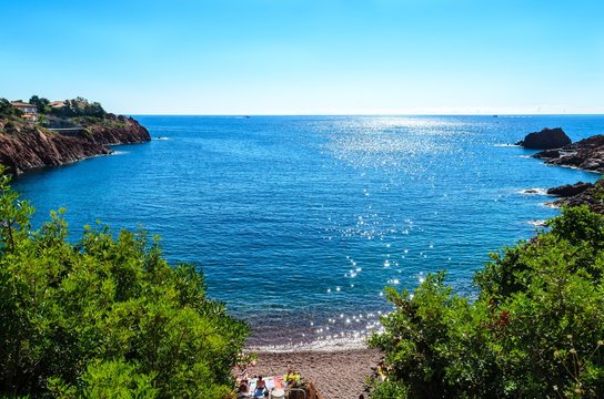 Beautiful famous view on cote d'azur, blue sky, sea. nearby Saint-Raphael, Frejus, France,  provence