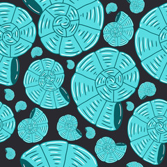 Blue spiral sea shell. Underwater clam illustration on black background. Vector seamless pattern. Design for postcard, banner, card. Cartoon style.