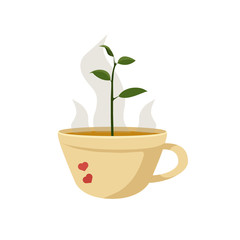Green tea shoot growing from cup on isolated white background for nature or food topic, vector illustration for logos and prints on types of clothes, covers of notebooks, stickers or icons