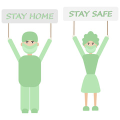 Cartoon medical staff holding Stay home and stay safe signs. Man and a woman isolated vector cartoon people illustration.