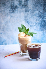 Black ice coffee and coffee with ice cream and mint