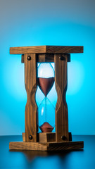 running wooden hourglass on a dark blue gradient background