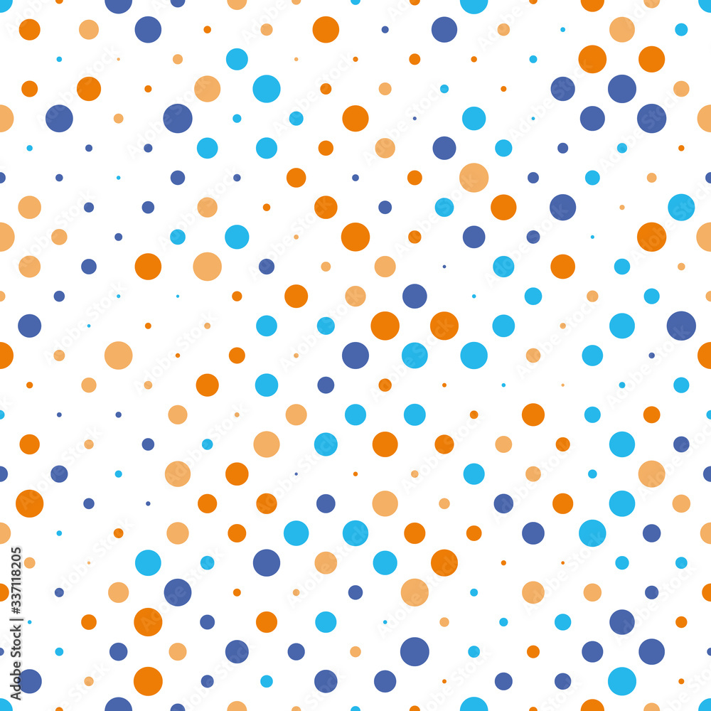 Poster seamless polka dot pattern. orange and blue dots in random sizes on white background. vector illustr