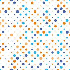 Seamless polka dot pattern. Orange and blue dots in random sizes on white background. Vector illustration