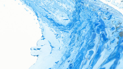 Blue water flow colored splashing isolated abstract on white background. Realistic splashes, aqua drops, liquid waves. 3D render illustration