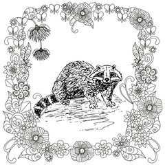 Badger in floral frame sketch. Art design ink hand drawn monochrome art design stock vector illustration for web, for print, for coloring book