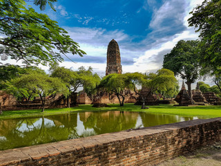 Water wall lake stupa sculpture in wat mahathat temple Ayuthaya Thailand world unesco heritage site