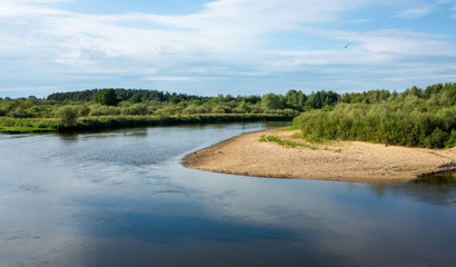Wide river Klyazma in the middle of Russia in the hot summer.