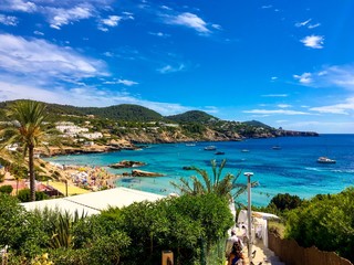 Beautiful aerial view on cala Tarida beach, boats, yachts. Ibiza, Balearic Islands, Spain