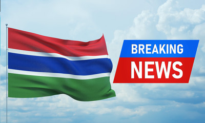 Breaking news. World news with backgorund waving national flag of Gambia. 3D illustration.