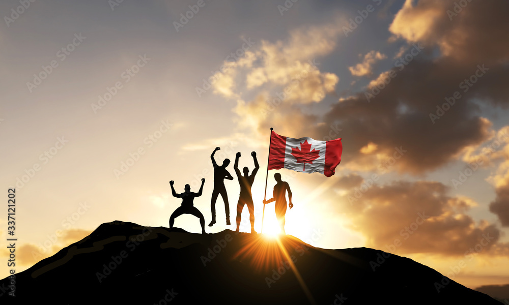 Wall mural a group of people celebrate on a mountain top with canada flag. 3d render