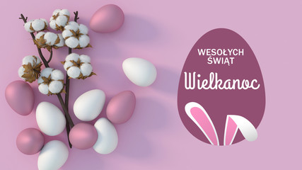 Wesołych Świąt Wielkanocnych. Minimalna koncepcja z białym i różowym wzorem różnej wielkości jaj na różowym tle.