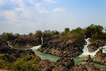 Li Phi Falls on Mekong River. Famous Landscape in Mekong River Delta, 4000 islands, Champasak, Laos.