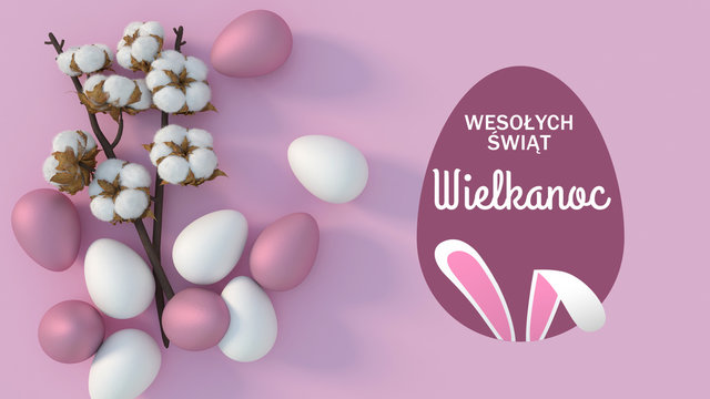 Wesołych Świąt Wielkanocnych. Minimalna koncepcja z białym i r&oacute;żowym wzorem r&oacute;żnej wielkości jaj na r&oacute;żowym tle.