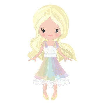 Vector Illustration Beautiful Cute Little Girl. Elegant adorable girl with long hair in a multi-colored dress.